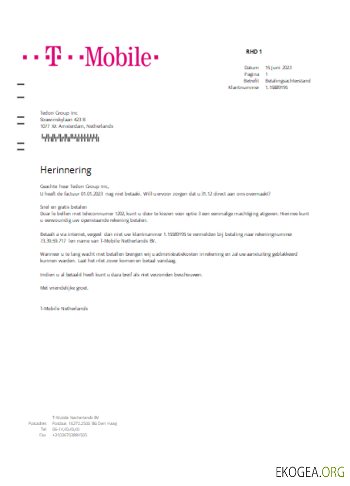 Facture commerciale de services publics de T Mobile aux Pays Bas, SCR